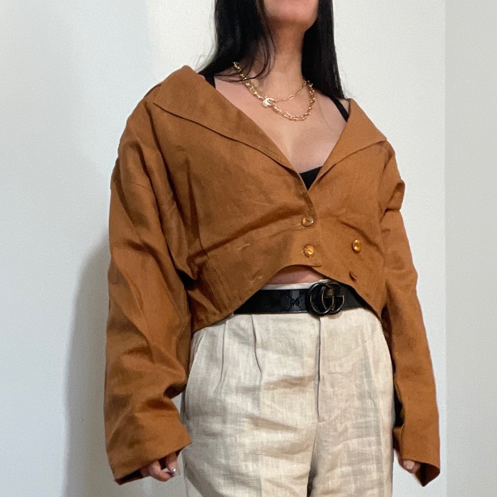 Linen Double Breasted Cropped Structure Jacket - Picture 8 of 16